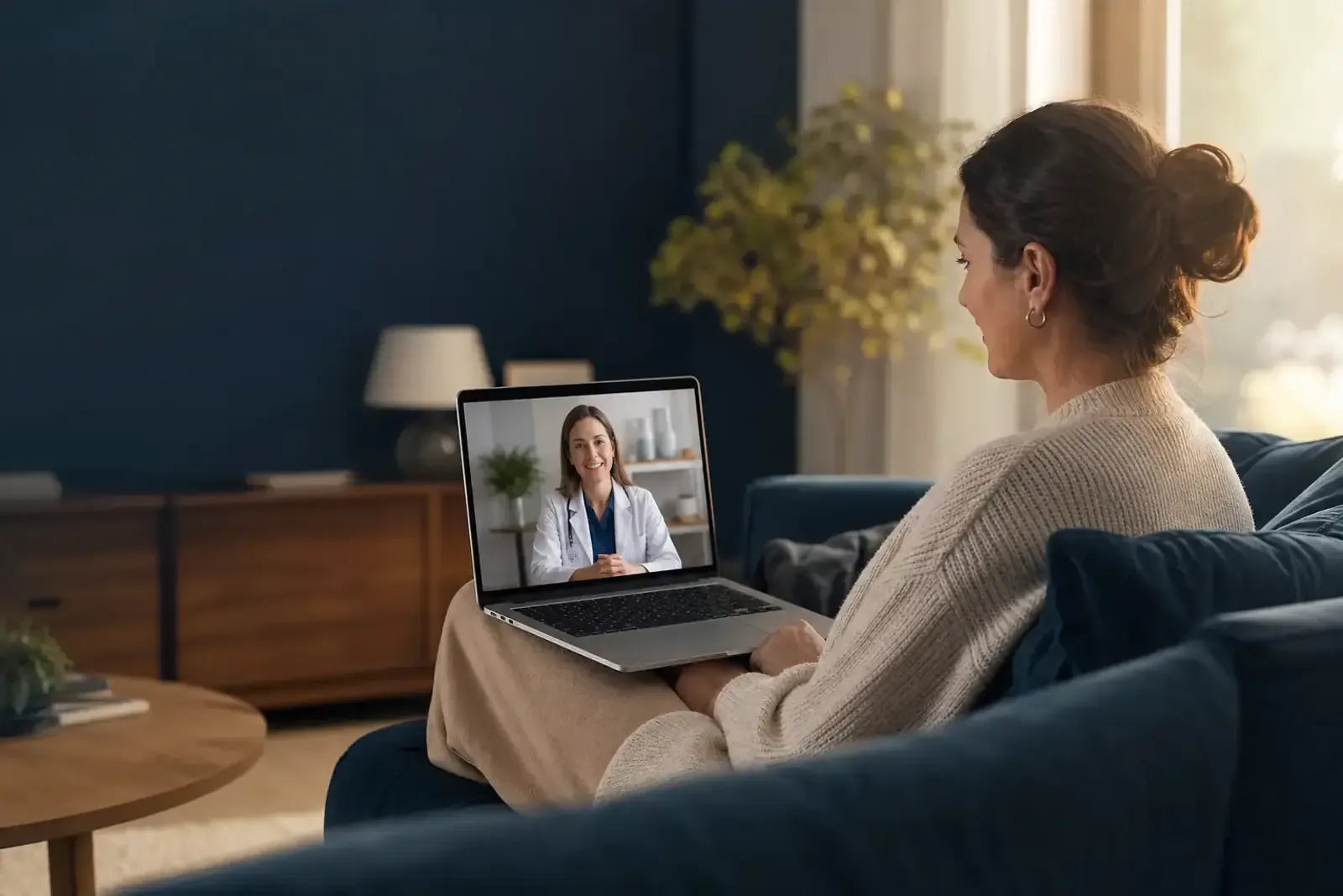 Patient connecting with a licensed clinician through a secure telehealth visit at home
