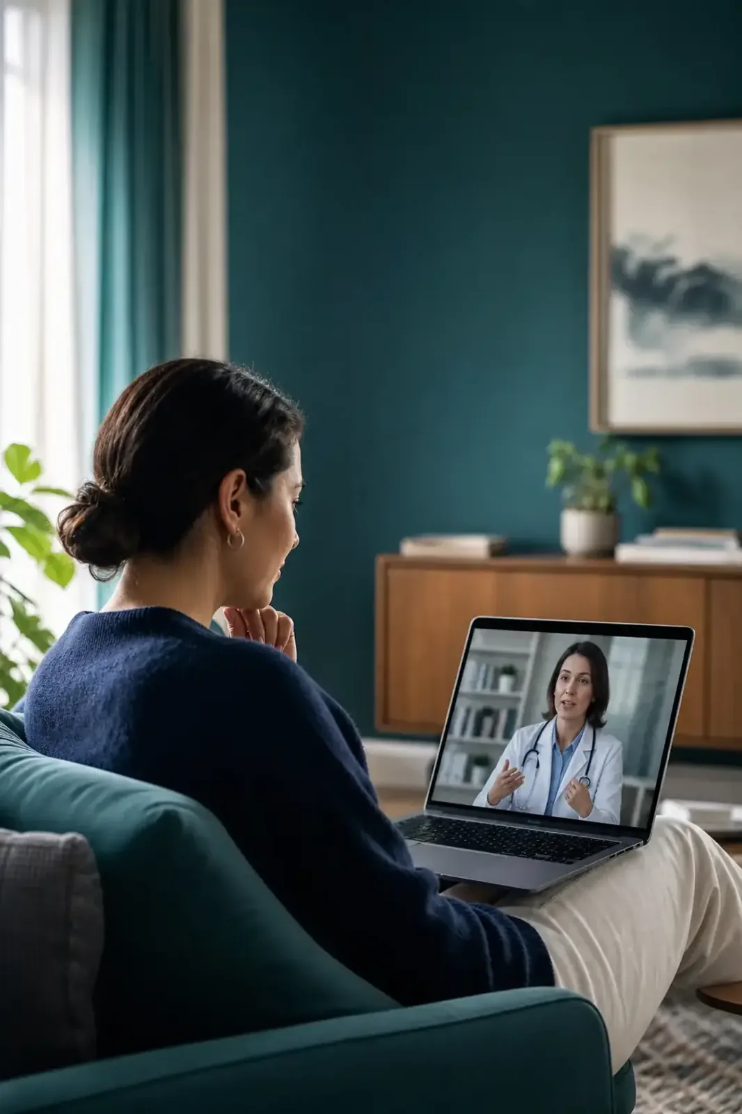 Patient connecting with a licensed clinician through a secure telehealth visit at home